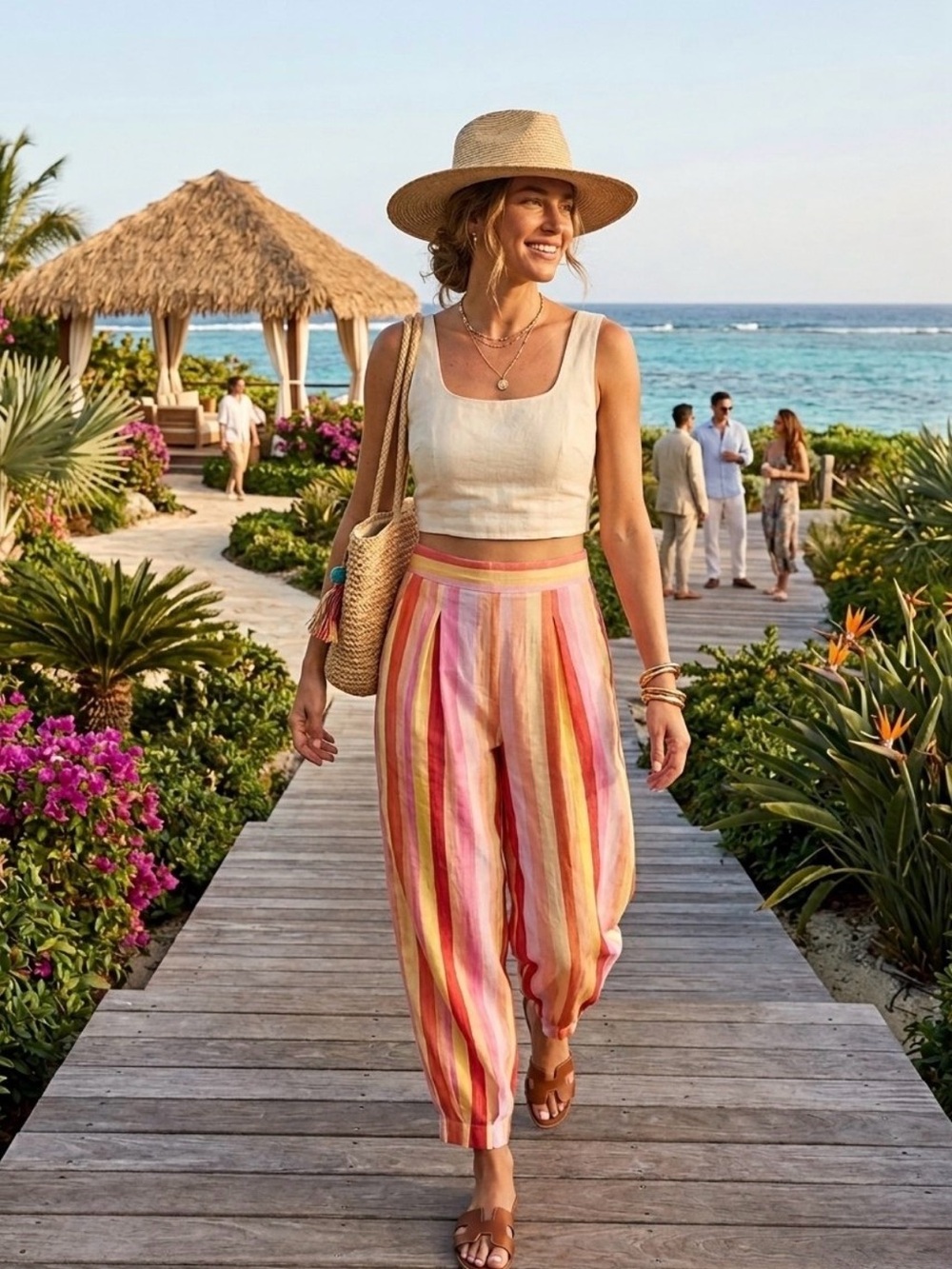 FARM Rio Striped Wide-Leg Pants in Pink, Yellow & Orange
